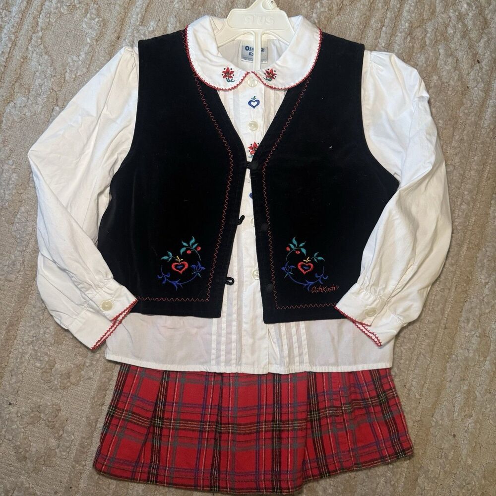 VTG 90s OshKosh Bgosh Girls 3pc Holiday Set Velvet Vest Plaid Skort Blouse 6X